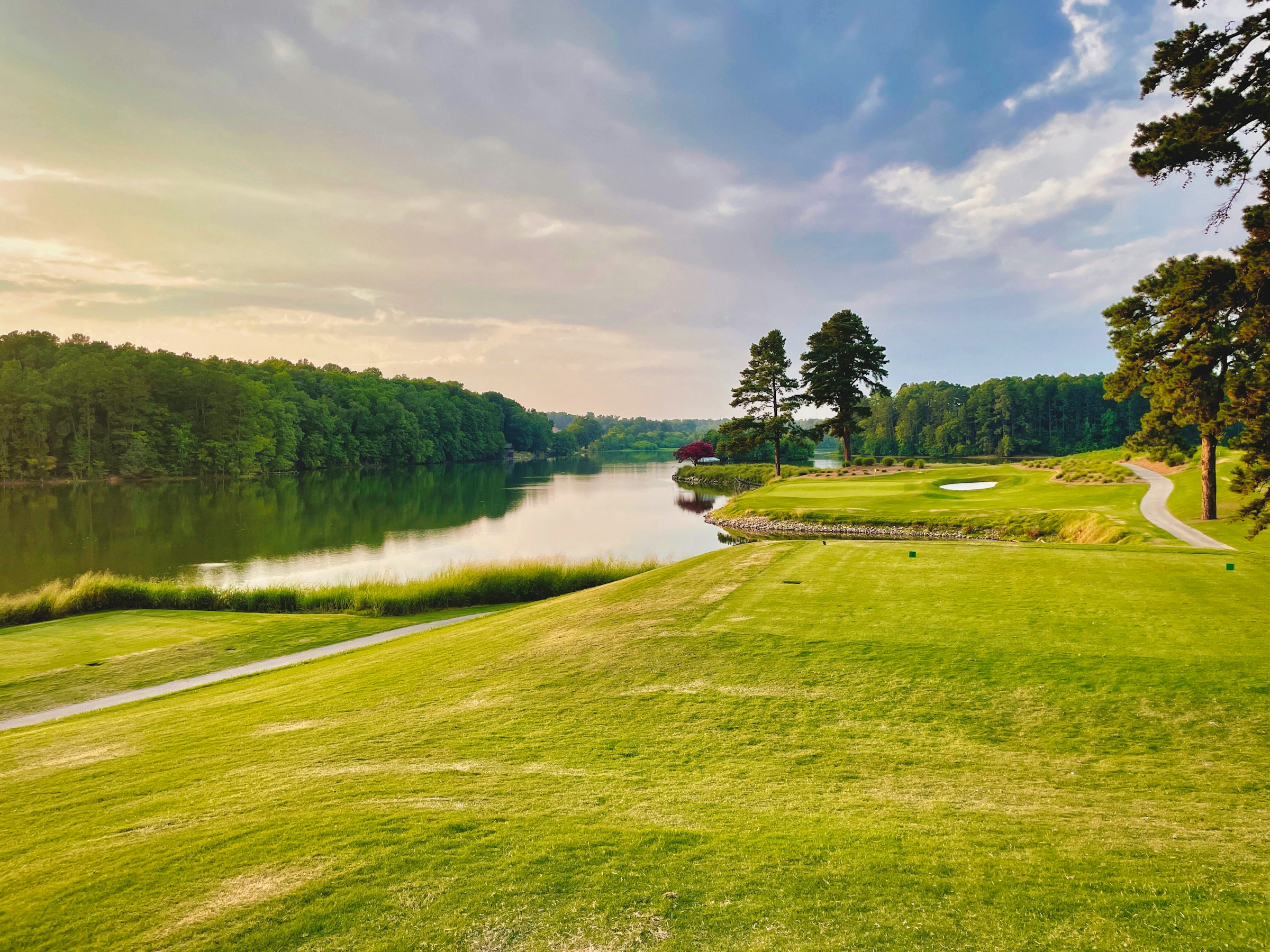 Le par 3 du trou 8 le long du plan d'eau, green adossé aux arbres